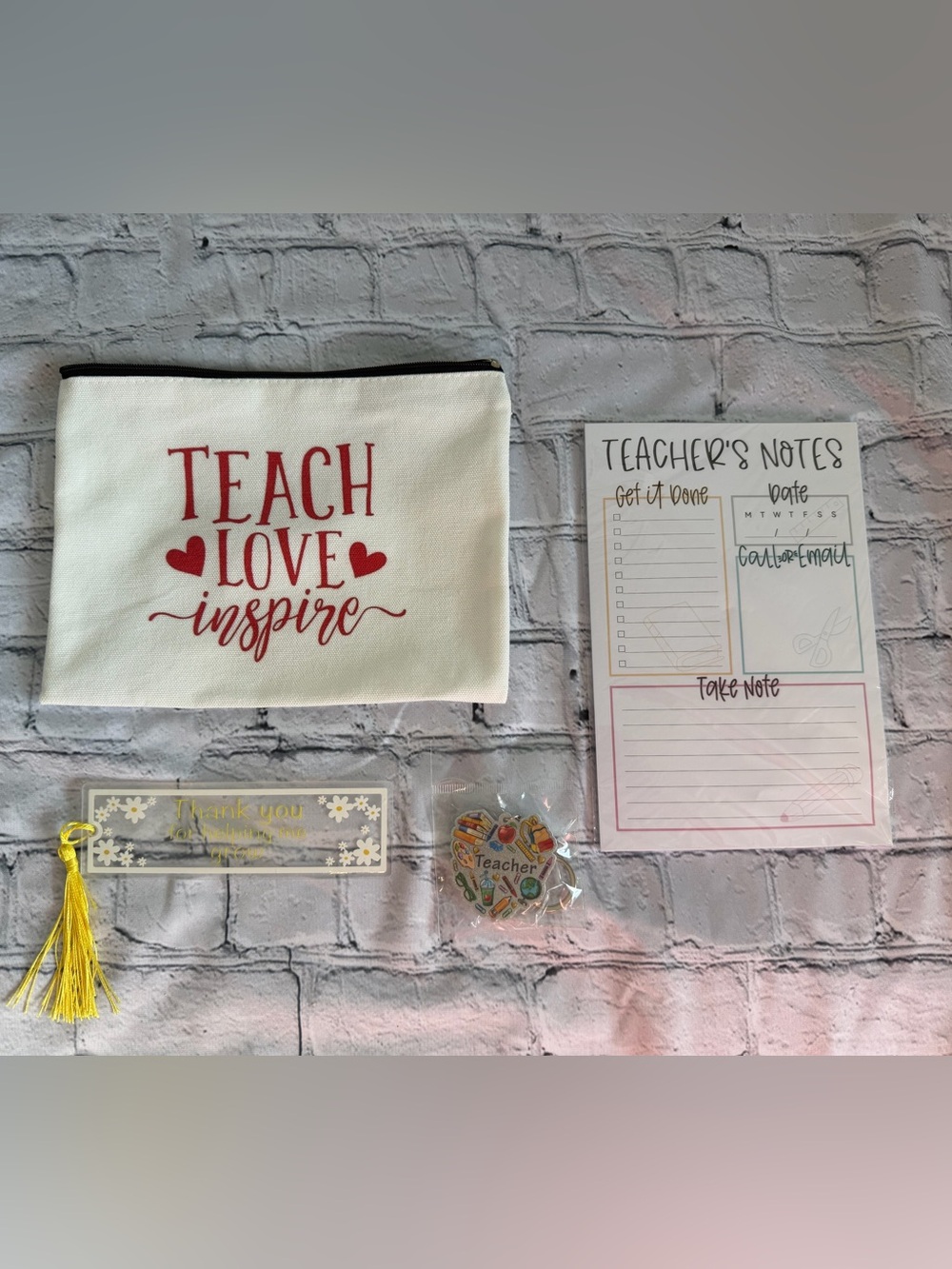 Teach Love Inspire Canvas Pouch with Teacher Notepad Bookmark & Keychain